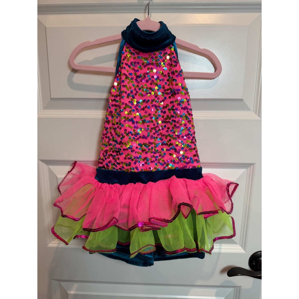 A Wish Come True Girls SC Best Time Ever Pink Sequin Teal Velvet Dance Costume